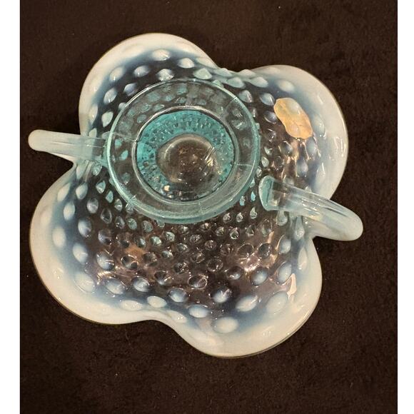 Fenton Blue Opalescent Hobnail Small Rim Double Handle Dish - Picture 3 of 6
